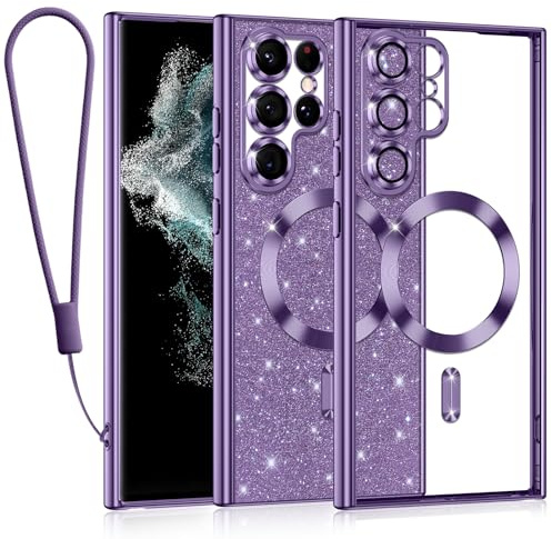 Tikfrlo Glitter Magnétique Coque pour Samsung Galaxy S22 Ultra 5G avec Cordon, Compatible avec MagSafe Brillant Paillette Housse Étui Transparent Protection Case pour Femme Violet