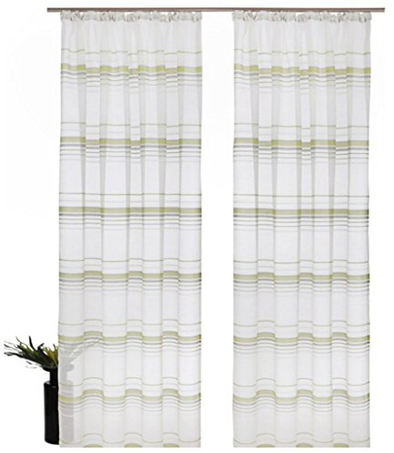 Yujiao Mao 2er Pack Voile Transparenten Gardine Querstreifen Muster Vorhang Schal mit Kräuselband Grün BxH 140x225cm