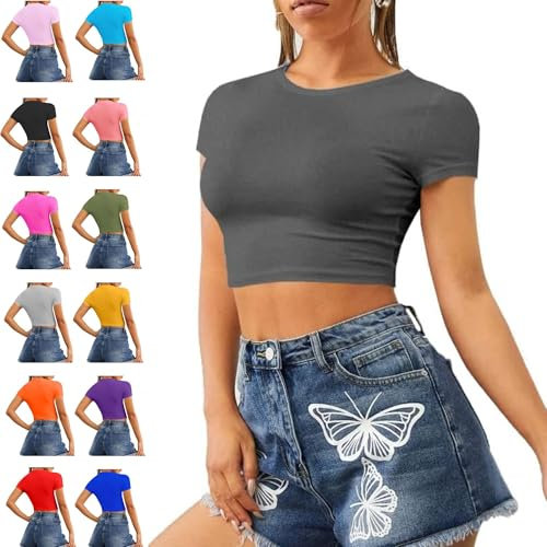 Re Tech UK - Women's Basic Ladies Short Sleeve Stretchy Crop Tops for Women, Slim Fit Crew Neck, Cropped T Shirt, Summer, Cute, Tshirt, Sizes 8-14 (M/L 12-14, Charcoal Dark Grey)