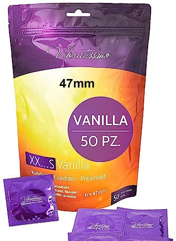 VIBRATISSIMO Preservativi Premium XXS Vaniglia Confezione da 50 per Uomini | Preservativi Aromatizzati con Spessore della Parete Sottile e Aromatizzati | Taglia Stretta e Ultra Delicati | b=47 mm