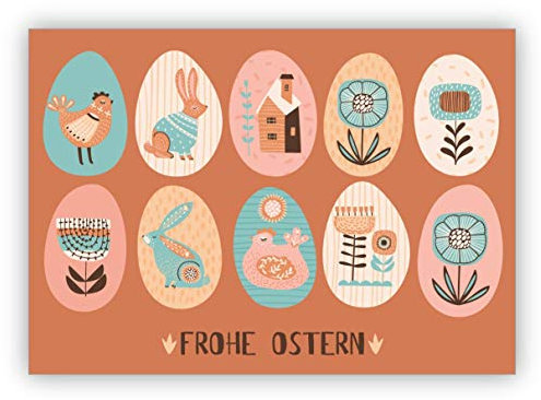 Edle Osterkarte mit bunten folklore Ostereiern: frohe Ostern - Klappkarte zum Osterfest • hochwertige Glückwunsch Grußkarten mit Umschlägen zu Ostern, Ostergrüße, Osterkarten