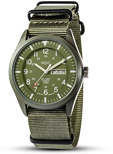 Infantry Mens Military Watch, Vietnam Style Field Watches for Men, Tactical 12/24H Military Time Analog Watch, Waterproof Day Date Quartz Wristwatch w/Green Nylon Band, Work Watch for Man