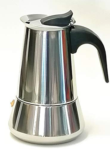 OCEANO Caffettiera Induzione 4 Tazze Alto 15cm Pesa 429 gr -Caffettiera Espresso-Moka-in Acciaio Inox con Il Manico e Il Pomelo Nero (4 Tazze Inox)