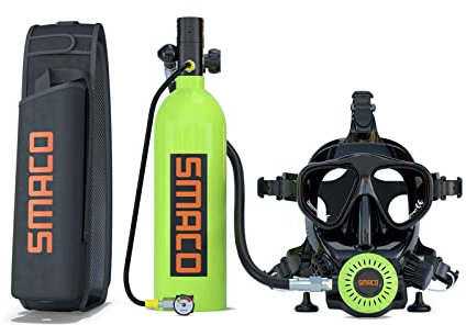 SMACO Mini Tauchflasche mit Tauchmaske,1L Mini Sauerstoffflasche Taucherflasche mit Vollgesichtsmaske Tauchermaske,S400 PRO Taucherflasche Mit 15 Bis 20 Minuten für Unterwasser Erkundung und Rettung