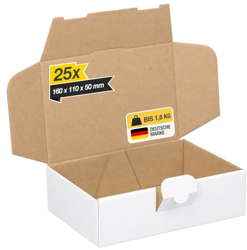 smiley pack Maxibriefkarton weiß 160x110x50 mm 25 Stück | Stabiler Versandkarton mit Steckverschluss – passend für DHL Maxibrief, Warensendung & Büchersendung