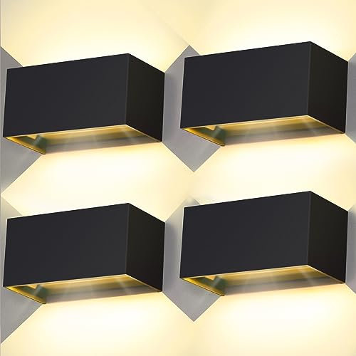 Kingwei 4 Stücke LED Wandleuchten Innen/Aussen 20W Auf und ab Einstellbarer Wandlampen 3000K Warmweiß Aussenlampe IP65 Wasserdichte Wandbeleuchtung (Schwarz)