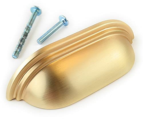 French Furniture Fittings Sets of 6 Cup Handles for Kitchen cabinets, Cupboard Drawer & Door Shell Handles, matt Brushed Brass Finish by FFF (64mm Between fixings)