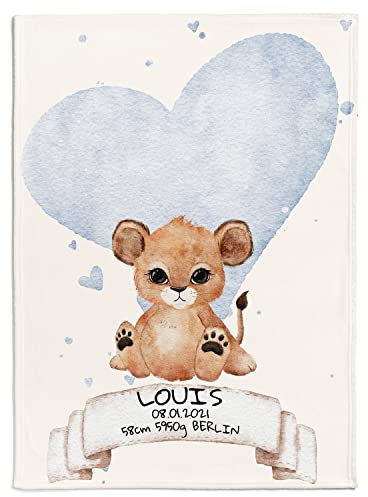 Personalisedog Personalisierte Babydecke mit Wunschtier, Name, Geburtsdatum und Motivfarbe (Herz), 80 x 110 cm