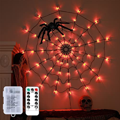 Halloween Spinnennetz Lichter, 8 Modi mit Fernbedienung Schwarze Spinnennetz Lichter mit Haariger Spinne für Beleuchtete Halloween Dekorationen,Wand,Garten,Hof Dekor ＆ Spukhaus Halloween Dekor【Orange】