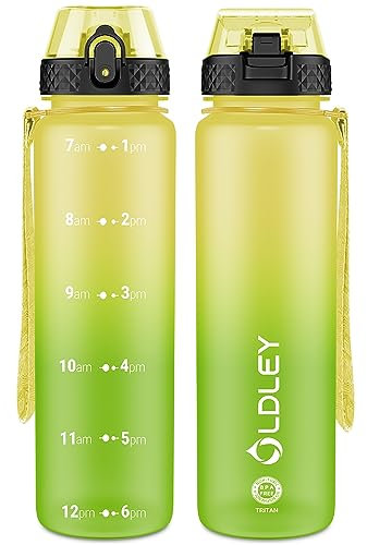 OLDLEY 1L/32oz Sports Water Bottle with Straw, 1000ml Motivational Drinks Bottle with Time Markings Leak Proof Drink & Lock Cover, BPA Free for Gym School Cycling Running Hiking