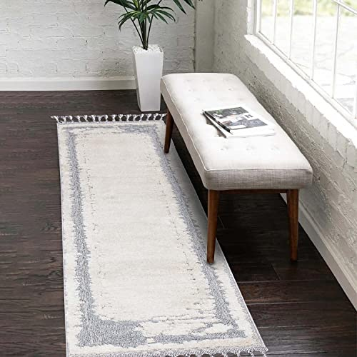 carpet city Teppich-Läufer Flur Boho-Stil Creme, Graublau - 80x300 cm - Abstrakt, Bordüren-Motiv - Relief-Optik, 3D-Effekt - Cut-&Loop, Sisal - Moderne Fransen-Teppiche Schlafzimmer
