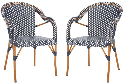 SAFAVIEH Outdoor - California Armchair Set of 2 - Navy & White - Faux Wicker & Aluminum Frame - Woven Bistro Design with Arms - Ideal for Patio, Sunroom, Dining Area, 17.3 Seat Height (PAT7531E-SET2)