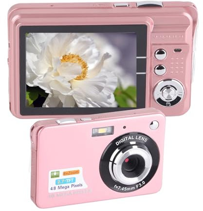 Fotocamera Digitale per Adolescenti, 4K 48MP Ultra HD Punta e Scatta Fotocamera, LCD da 2,7 Pollici Ricaricabile Fotocamera Compatta per Studenti con Zoom Digitale 8x, Mini (Rosa)