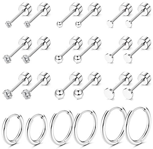 Morfetto 12 Paar winzige Ohrstecker Edelstahl Ohrringsets für mehrere Piercings Flache Rückseite Ohrringe Knorpel Kleine Creolen Silber