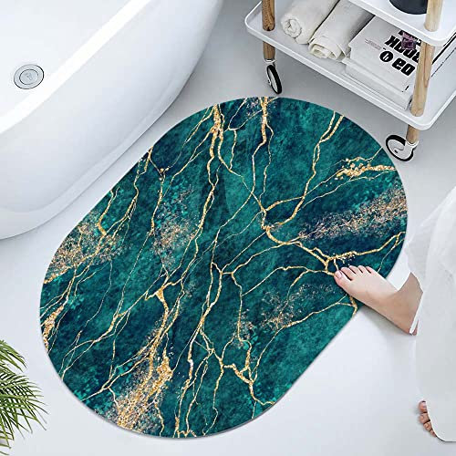 Super saugfähige Kieselgur Badematte aus grünem Marmor mit goldenem Glitzer, schnell trocknende Badezimmerteppiche, rutschfeste Badewannen-Bodenmatte, einfache Küchen-Fußmatte (oval, 40x60 cm)