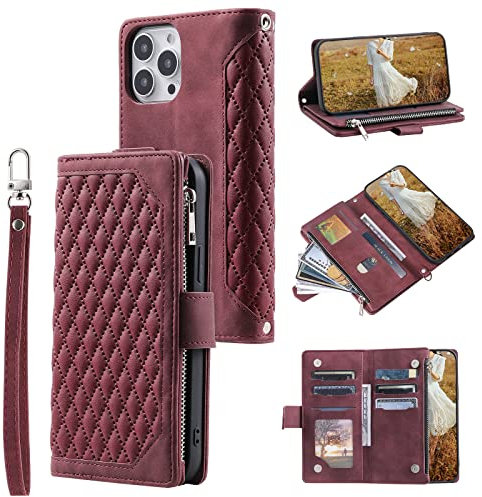 QLTYPRI Wallet Case for iPhone 12/12 Pro(6.1 inch),Luxury Quilted PU Leather Wallet Case with Card Slots for Women,Magnetic Zipper Purse Case with Wrist Strap Kickstand Shockproof Flip Cover-Wine Red