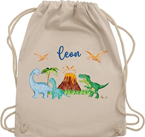 Turnbeutel Rucksack - Geschenk Dinosaurier personalisiert mit Name I Dino I Dinos - Unisize - Naturweiß - sportbeutel junge kita beutel für wechselwäsche tier trex stoffbeutel