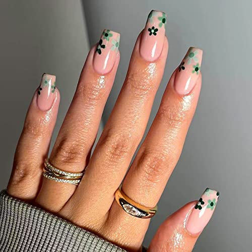 24Pcs Medium Length Press on Nails Coffin, Elegant French Acrylic Full Cover False Nails with Cute Green Flower Pattern Designs, Ballerina Acrylic Stick on Nails for Women and Girls
