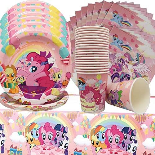 Doyomtoy Pony Einhorn Partygeschirr 61 Stück Pony Themed Birthday Party Set Pony Partygeschirr umfasst Teller Servietten Tassen Tischsets und Tischtücher