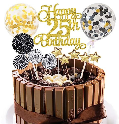 Jxuzh Tortendeko 25. Geburtstag Schwarz Gold - Happy Birthday Glitter Cake Topper für Junge Mädchen - Kuchendeko 25 Jahre