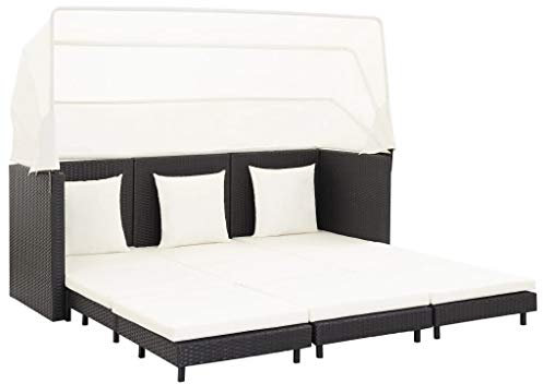 Homgoday Ausziehbares 3-Sitzer-Schlafsofa mit Dach Sonnenliege Gartenliege Gartenbett Sonnenbett Loungebett Doppelliege Liegebett Gartenliege Gartensofa Gartenbank Poly Rattan Schwarz