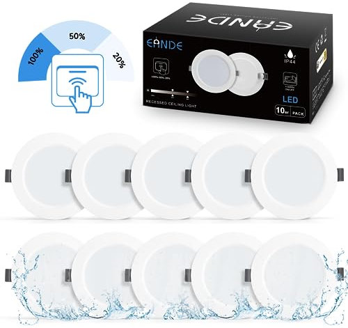 Eande 10er Set Led Einbaustrahler 230v 3 Stufig Dimmbar IP44 6W 6500K Kaltweiß, Ultra Flach 26 mm, Ø118mm, Ø93-100mm Lochbohrung, Led Spots Einbauleuchten Deken Einbauspots