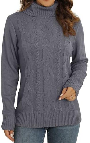 QIXING Women's Jumper Turtle Neck Cable Knit Ribbed Sweater Long Sleeve Tops for Women UK Chunky Knit Ladies Pullover(Dark Grey, XL)