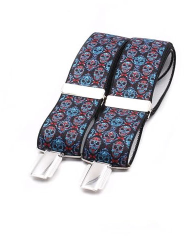El Mono con Pajarita Hosenträger Herren, handgefertigt in Spanien | Hosenträger für Herren mit 3 extra starken Clips. | Totenkopf Druck. (calaveras Azul-Rojo)