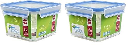 Emsa 508537 Clip & Close | Quadratische Frischhaltedose | mit Deckel | 1.75 Liter | Transparent/Blau (Packung mit 2)