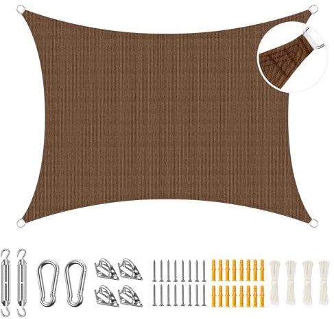 Duerer 3.6x4.8m Voile d'ombrage avec Kit de Matériel, Rectangulaire Toile Ombrage Protection UV 95%, pour Terrasse Jardin Extérieur-Brun