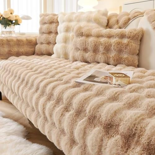 Hovoto Sofa Überzug, Kaninchen Plüsch Sofabezug L Form 1 2 3 4 Sitzer Sofa Überzug Ecksofa, Universelle rutschfeste Sofaschoner, Weiche Dicke Plüschsofa Kissenbezüge, Leichter Kaffee, 70 * 150cm