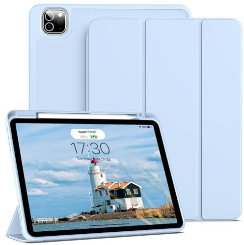 BQDIYOO Case for 11 inch iPad Pro 4th/3rd/2nd Generation 2022/2021/2020, with Pencil Holder, Trifold Stand Protective Case, Soft Slim TPU Back Cover, Auto Wake/Sleep, Blue