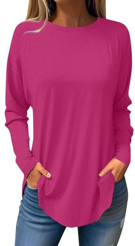 OBiQuzz Maglietta basic a maniche lunghe da donna, tinta unita, in cotone, a maniche lunghe, girocollo, a maniche lunghe, casual, a maniche lunghe, a tunica, Rosa acceso., L