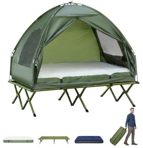 Outsunny Cama Doble de Camping Plegable 4 en 1 Acero 193x145x180 cm Verde