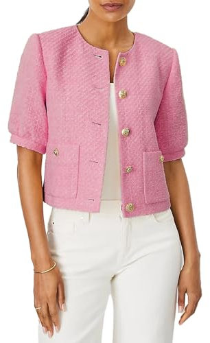 LifeShe Kurzärmelige Puff-Tweed-Jacke für Damen, bauchfreie Jacke, Sommer, offene Vorderseite, Büro, Arbeit, Blazer, Mantel, Rose, XL