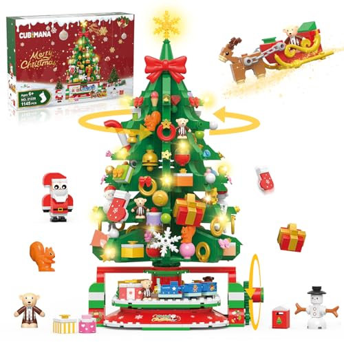 CUBIMANA Rotierender Weihnachtsbaum Mini Bausatz mit LED Licht - 1145 Stück Weihnachts Bauset mit Weihnachtsmann, Schneemann, Zug, 2024, für Erwachsene und Kinder ab 10 Jahren