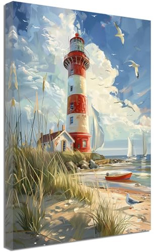 ZQQART Leinwandbild mit Leuchtturm und Ozean rote Streifen Leuchtturm Küstenbild Gemälde Strand Ozean Boot Möwen Bild rustikales Kunstwerk für Wohnzimmer Schlafzimmer Heimwanddekoration (60x90cm)