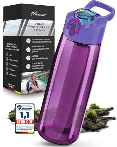 BERGKVIST® Gourde filtrante d'eau extérieure OBSIDIAN (650ml) - Bouteille pour eau potable propre - Traitement de l'eau pour l'équipement de camping et de survie - rose
