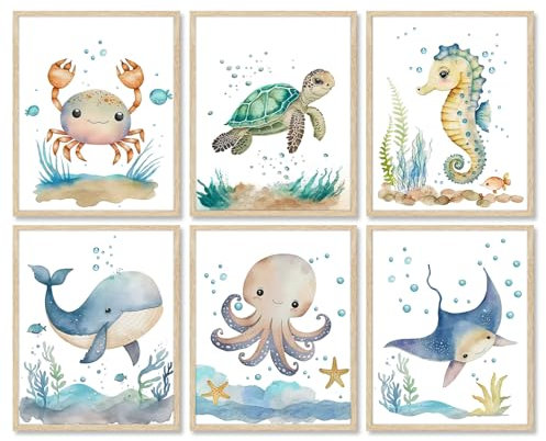Dazzlewall 6PCS Ozean-Tier- Wandbilder Aquarell Meerestier- Bilder Poster für Kinderzimmer Kinder Babyzimmer Dekor 20×25 cm Ungerahmt