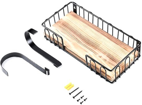 YIBAISI Soporte de pared para tabla de planchar con base de madera, soporte de hierro de metal con cesta y gancho de ajuste, instalación sencilla