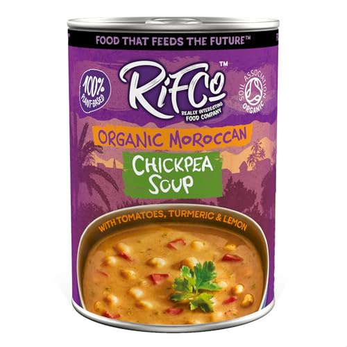 RIFCo Organic Moroccan Chickpea Soup, 6 x 400 g Cans – North African-Style Soup with Chickpeas, Tomatoes, Herbs, Spices & Lemon Juice
