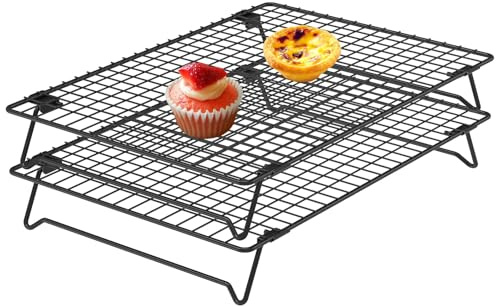 VAVPUP 2 Stück Abkühlgitter,Karbonstahl Kuchengitter Auskühlgitter Set mit klappbaren Beinen Antihaftbeschichtetes Stapelbares Kuchen-Abkühlgitter,für Cupcake,Kekse,Grillen,Spülmaschinengeeignet