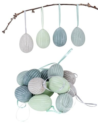 levandeo 12 Stück Deko Eier Hängedeko Grau Grün Beige Gestreift Ostereier zum Aufhängen Osterdeko Ostern Dekoration