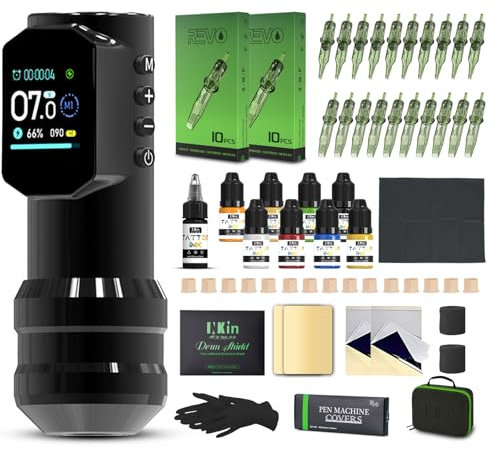 INKin Tattoo Maschine Set Profi, Tätowiermaschine mit 4.0 Hublänge und 39mm Großem Griff Pen, 1500mAh Akku Ermöglicht 8 Stunden Arbeit, komplett Tattoo Zubehör Set mit Tattoo Nadeln und Tattoo Farbe