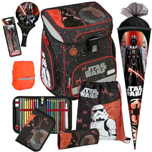 Pridera Scooli Schulranzen Jungen 1.Klasse EasyFit (9tlg. Set mit passendem Zubehör Schultüte Schreibset Folienballon, Regenhülle gratis, Star Wars)
