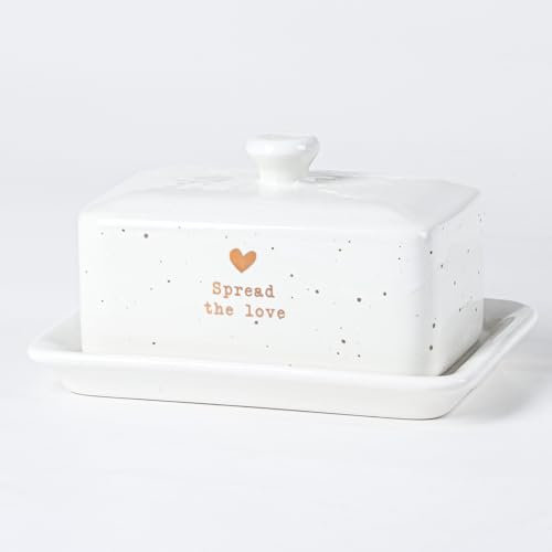 SGHIC Keramik Weihnachten Butterdose mit Deckel und Henkel, Hochwertige Porzellan, goldenes Herz, Kleine Butterdose, Butterglocke, passt in die Kühlschranktüre, spülmaschinenfest, weiß, 17*12*11cm