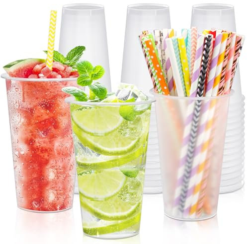 50 Stück Partybecher Set 500ml Trinkbecher Plastik Mit 50 Stück Stroh, Plastikbecher Mehrweg Bruchsichere, Plastikbecher 0,5L Plastik für GeträNke Partys, Restaurants Geburtstag, Hochzeit, Camping