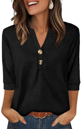 Aokosor Womens 3/4 Sleeve Tops Ladies Blouse V Neck Tunic Long Sleeve T Shirts Curved Hem Office Wear Black Top Plus Size 24-26 for UK