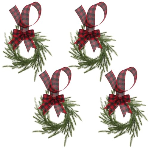 MAGICLULU 4 Stück Kleine Künstliche Weihnachtskränze mit Realistischem Norfolk-tannengrün und Roter Karoband Langlebige Deko für Türen Fenster Kaminsims Schränke Einfache Aufhängung