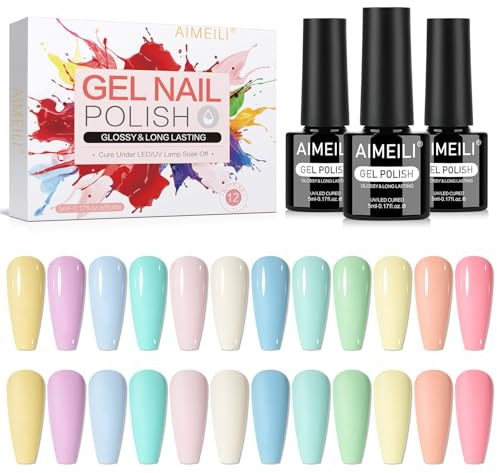 AIMEILI Pastel Gel Nail Polish Set 12pcs, Cruelty Free, Vegan, Soak Off UV LED Gel Polish Nail Art Manicure Salon DIY for Women - Kit 37